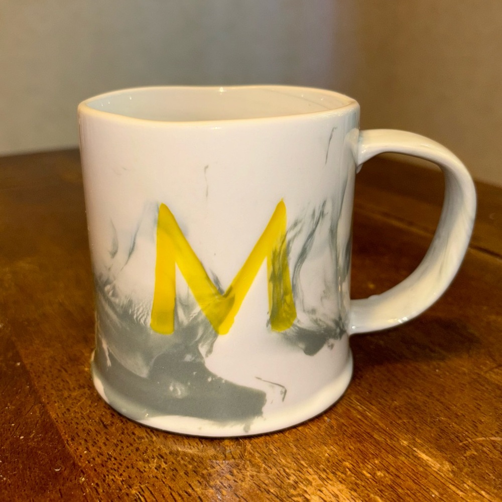 Anthropologie Monogram Letter M ☕️ Marbled Coffee Tea Mug Gray White Yellow